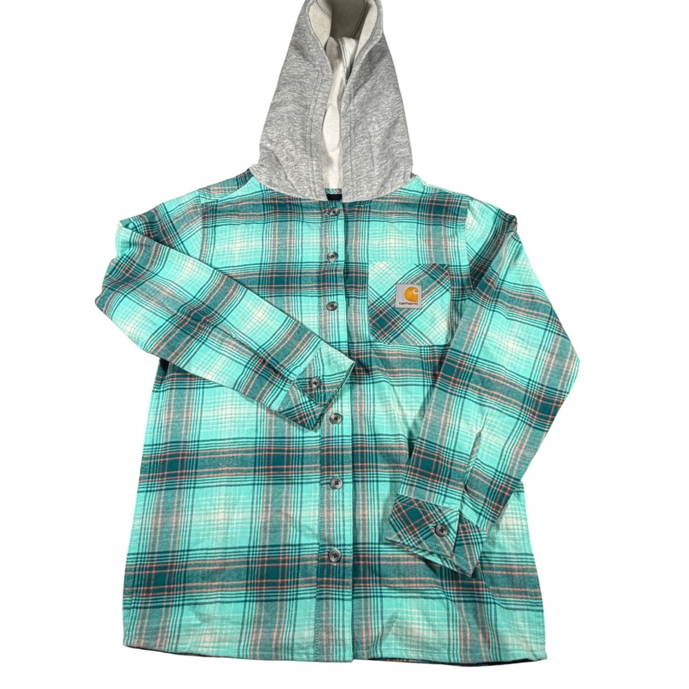 Carhartt Hooded Flannel Shirt Kids Size L 12 Teal Plaid TW9143-G Long Sleeve‎